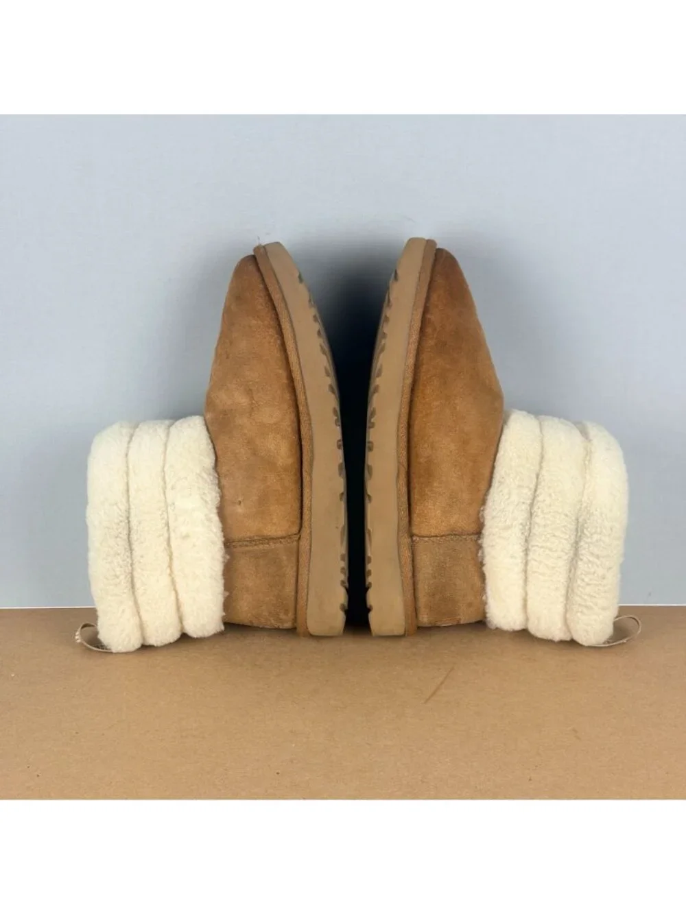 UGG Classic Mini Fluff Quilted Boot Womens 6 Tan Cream Pull On Casual